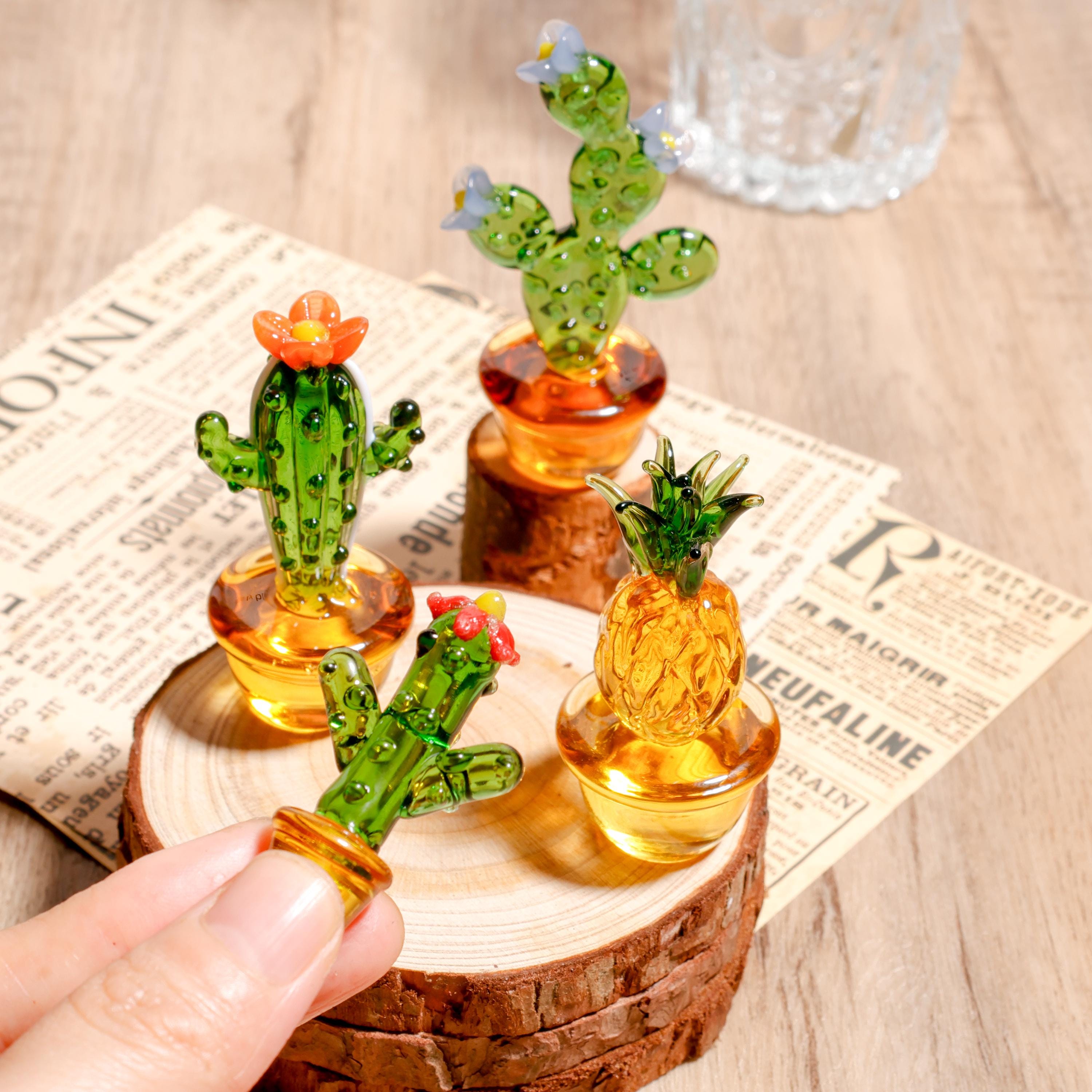 Glass Cactus Figurine, Hand Blown Plant, Handmade Glass Potted Plants, Mini Glass Succulent, Artificial Plant, Gift For Her