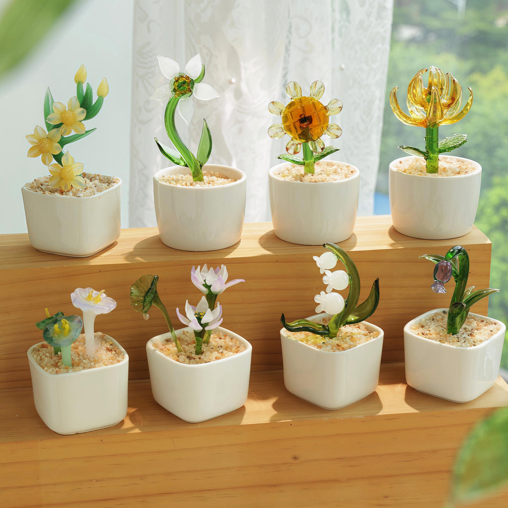 Hand Blown Glass Potted Plants - Glass Potted Birth Flowers