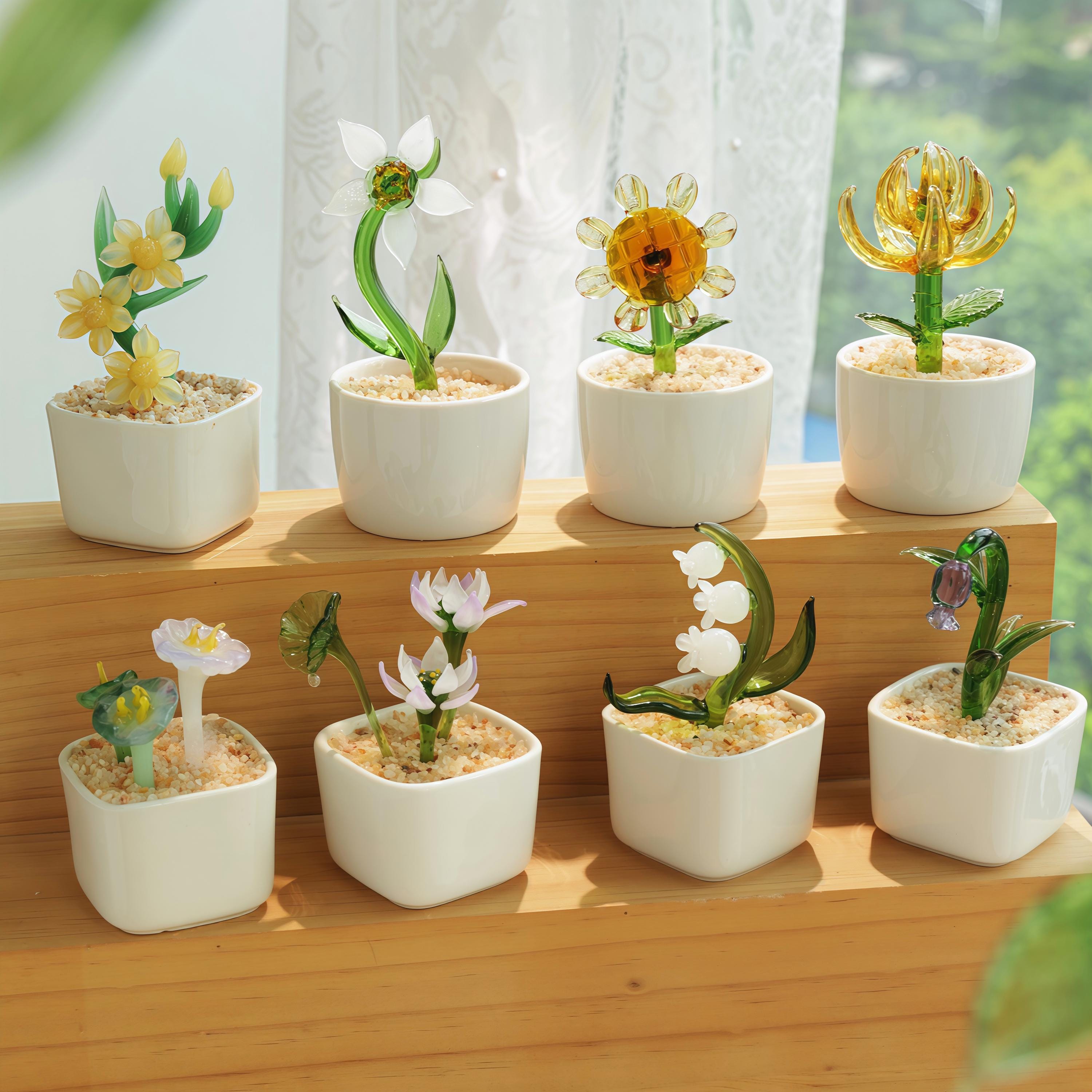 Hand Blown Glass Potted Plants - Glass Potted Birth Flowers