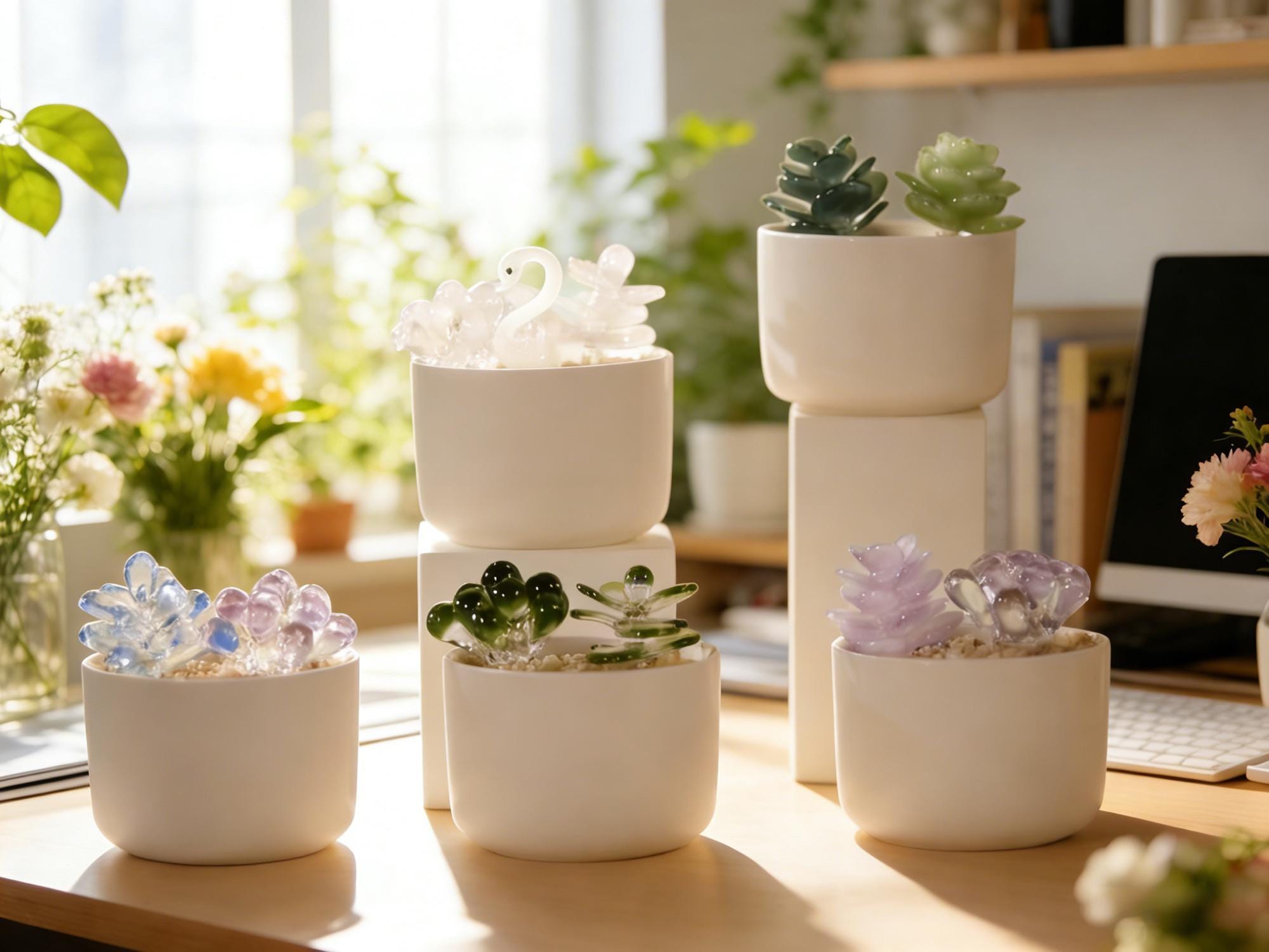 Glass Potted Plants,handmade Glass Succulents,mini Glass Plants,glass Flower,stained Glass Plants,artificial House Plant,car Glass Ornament
