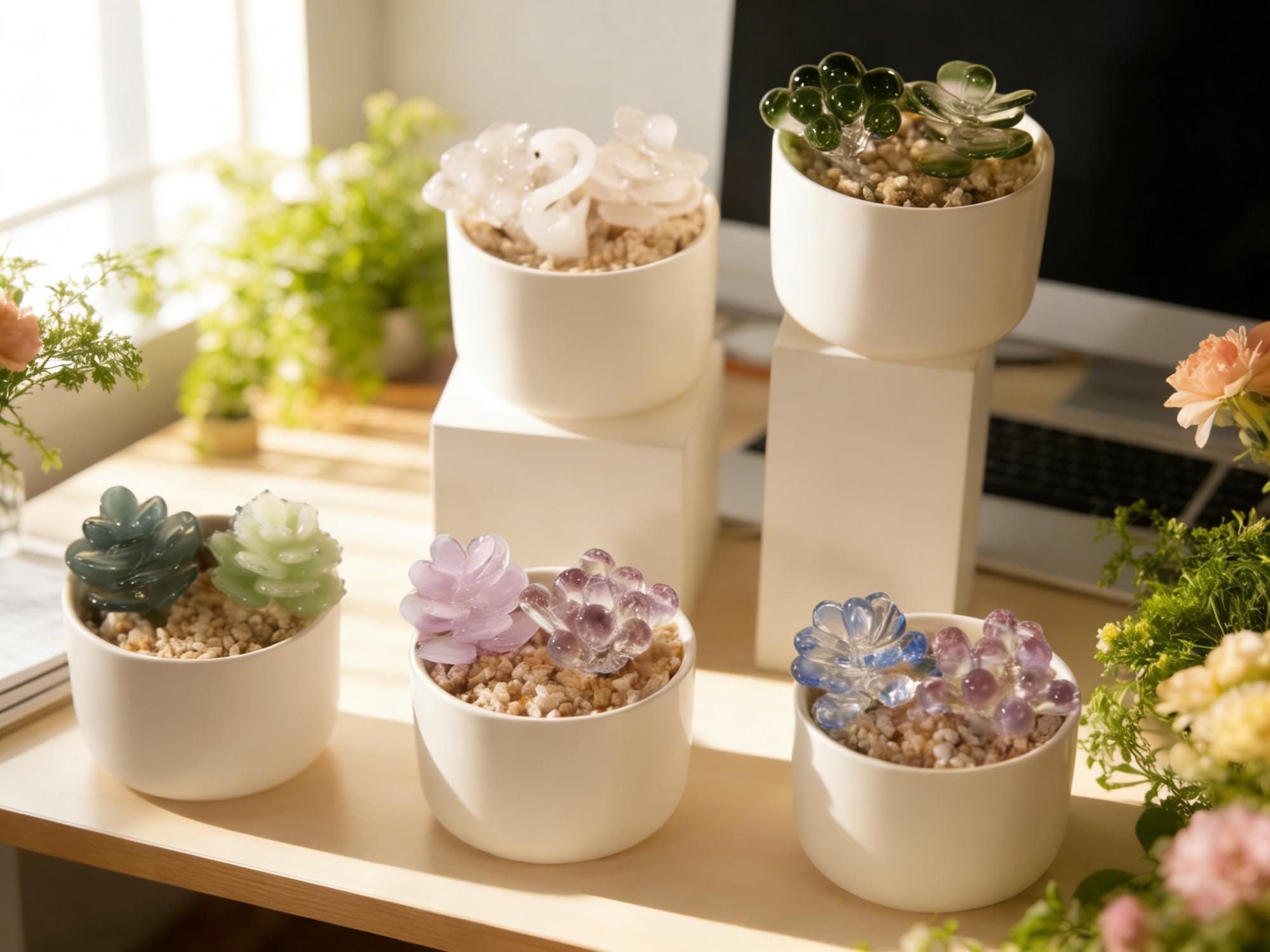 Glass Potted Plants,handmade Glass Succulents,mini Glass Plants,glass Flower,stained Glass Plants,artificial House Plant,car Glass Ornament