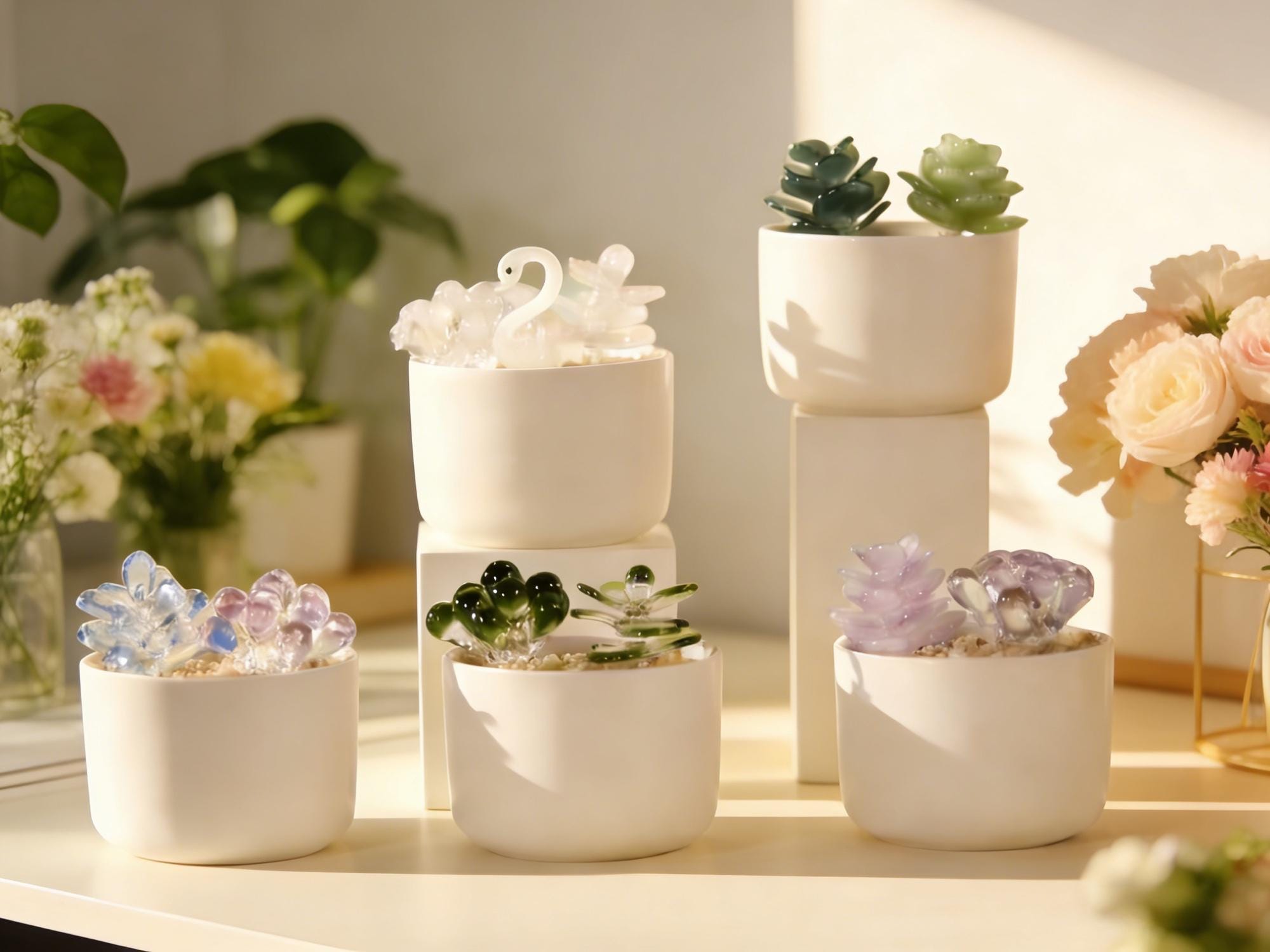 Glass Potted Plants,handmade Glass Succulents,mini Glass Plants,glass Flower,stained Glass Plants,artificial House Plant,car Glass Ornament