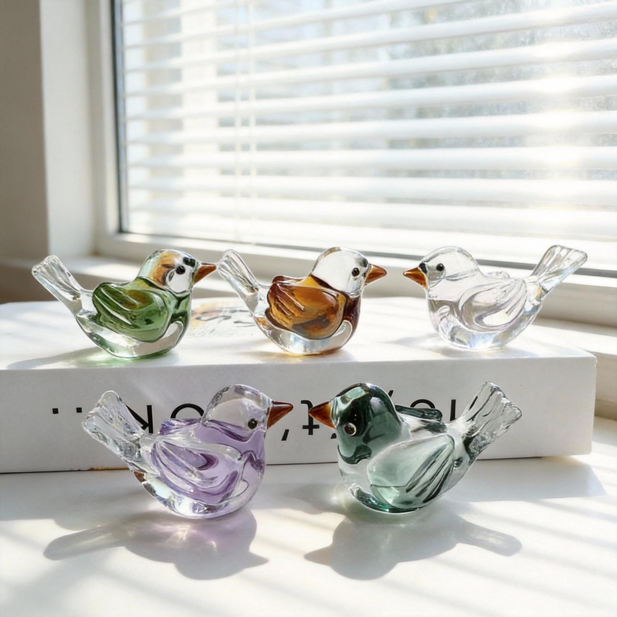 Handmade Glass Bird Figurines, Mini Colorful Glass Birds Desk Shelf Decor