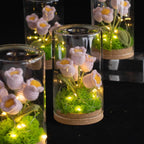 Crochet Flower Night Light In Glass Dome – Handmade Lily Of The Valley Or Single Tulip Lamp – Warm Glow Desk Decor & Eternal Gift For Her