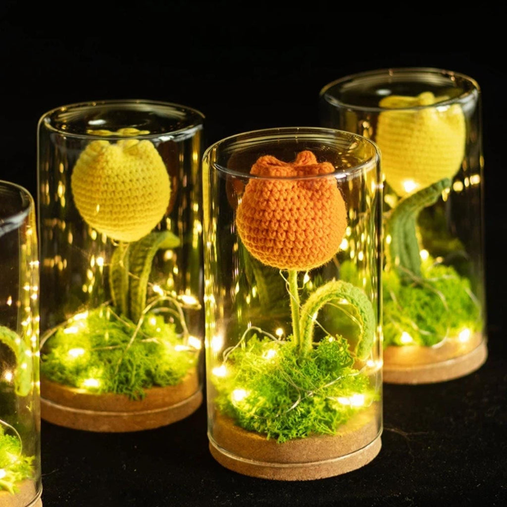Crochet Flower Night Light In Glass Dome – Handmade Lily Of The Valley Or Single Tulip Lamp – Warm Glow Desk Decor & Eternal Gift For Her