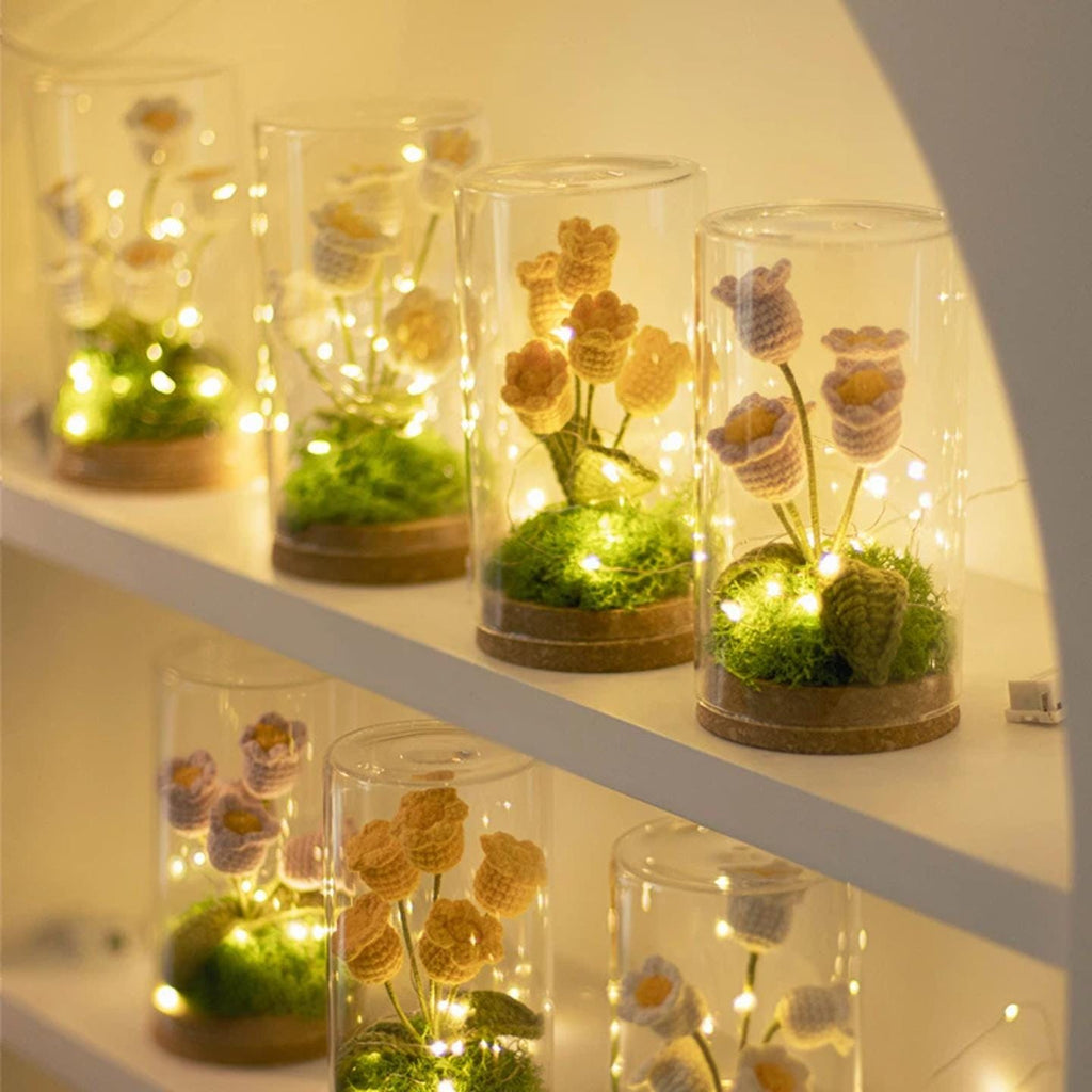 Crochet Flower Night Light In Glass Dome – Handmade Lily Of The Valley Or Single Tulip Lamp – Warm Glow Desk Decor & Eternal Gift For Her