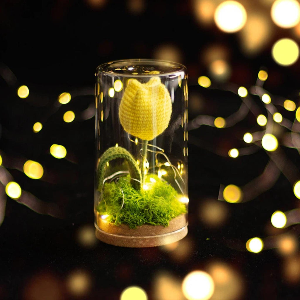 Crochet Flower Night Light In Glass Dome – Handmade Lily Of The Valley Or Single Tulip Lamp – Warm Glow Desk Decor & Eternal Gift For Her