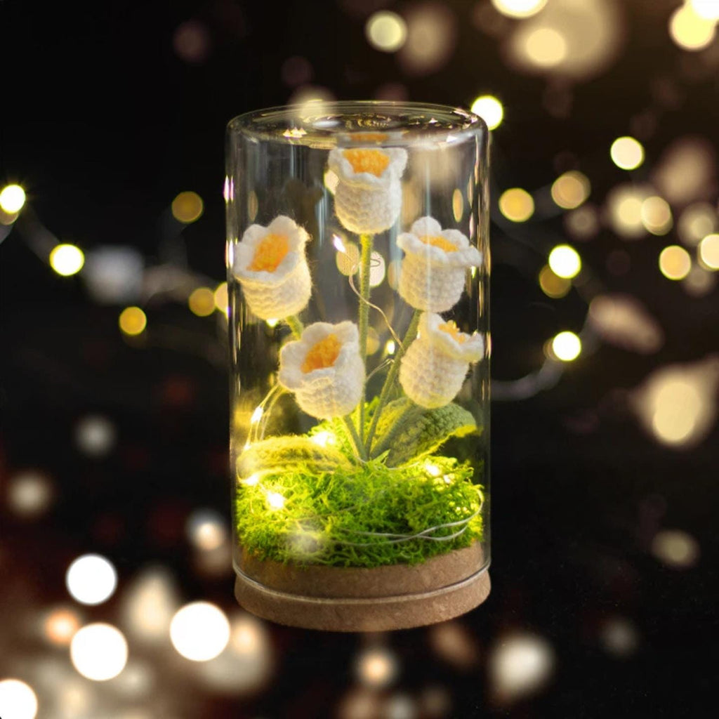 Crochet Flower Night Light In Glass Dome – Handmade Lily Of The Valley Or Single Tulip Lamp – Warm Glow Desk Decor & Eternal Gift For Her