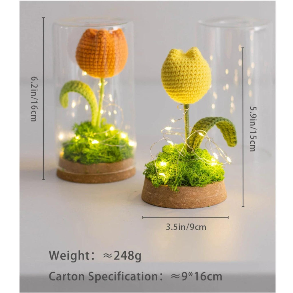 Crochet Flower Night Light In Glass Dome – Handmade Lily Of The Valley Or Single Tulip Lamp – Warm Glow Desk Decor & Eternal Gift For Her