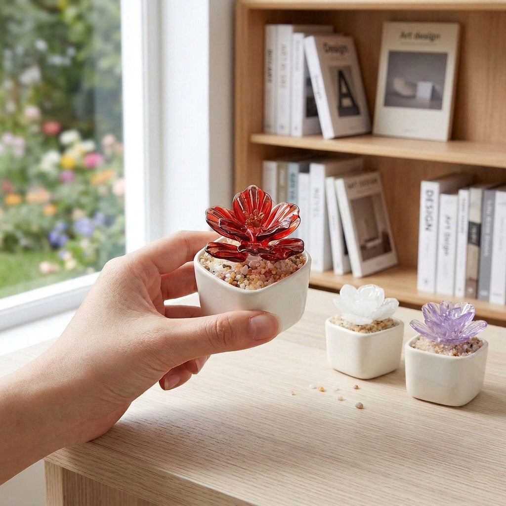 Handmade Glass Succulents Miniature,tiny Potted Glass Cactus,handcrafted Glass Plant Desk Decor,faux Succulent Figurine,gift For Plant Lover