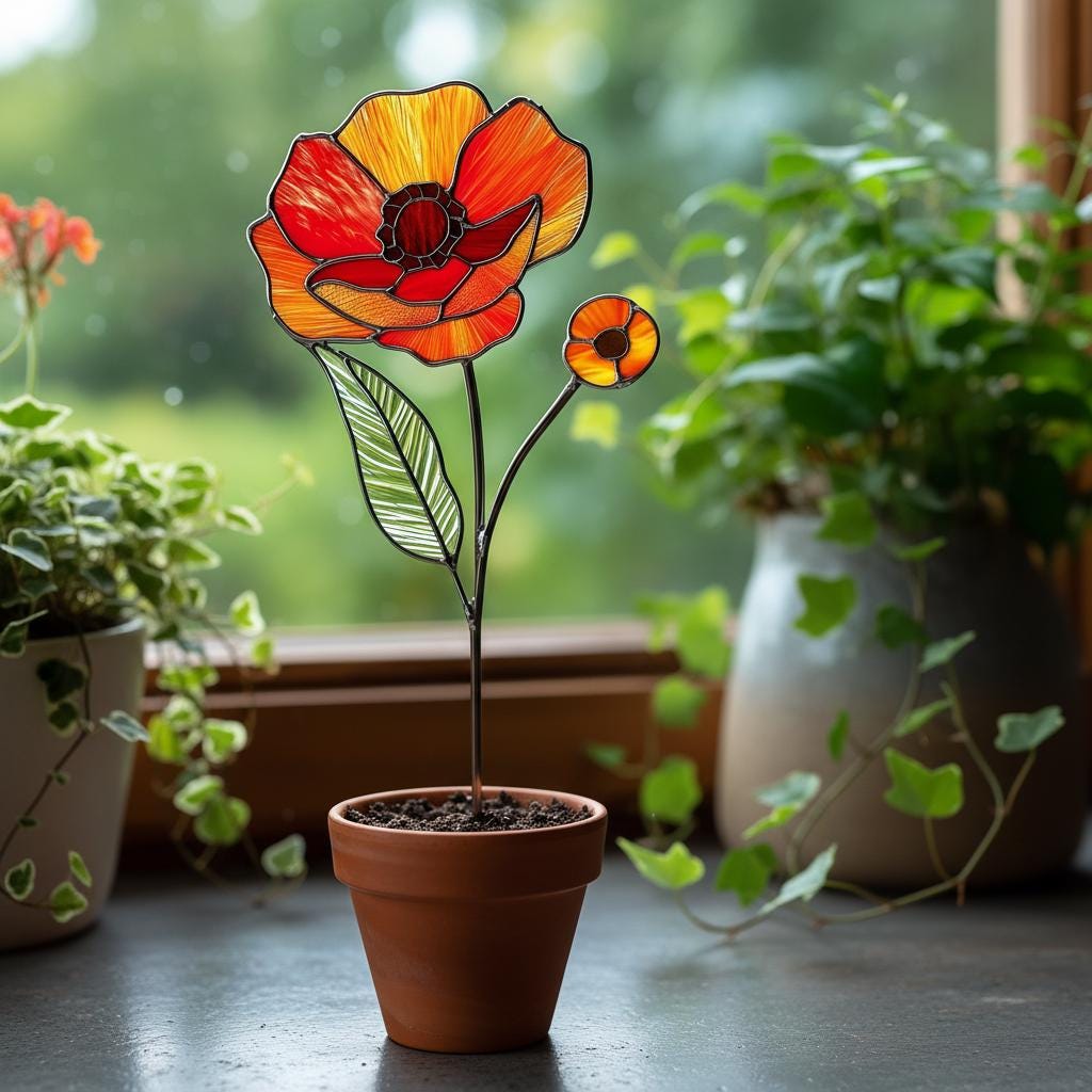 Stained Glass August Birth Flower Plant Stake, Poppy Art Decor, Gladiolus & Wildflower Window Accent