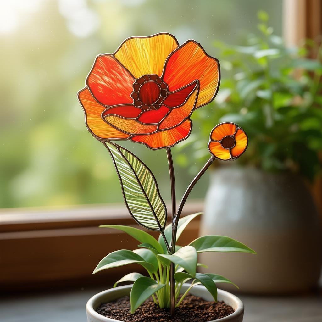 Stained Glass August Birth Flower Plant Stake, Poppy Art Decor, Gladiolus & Wildflower Window Accent