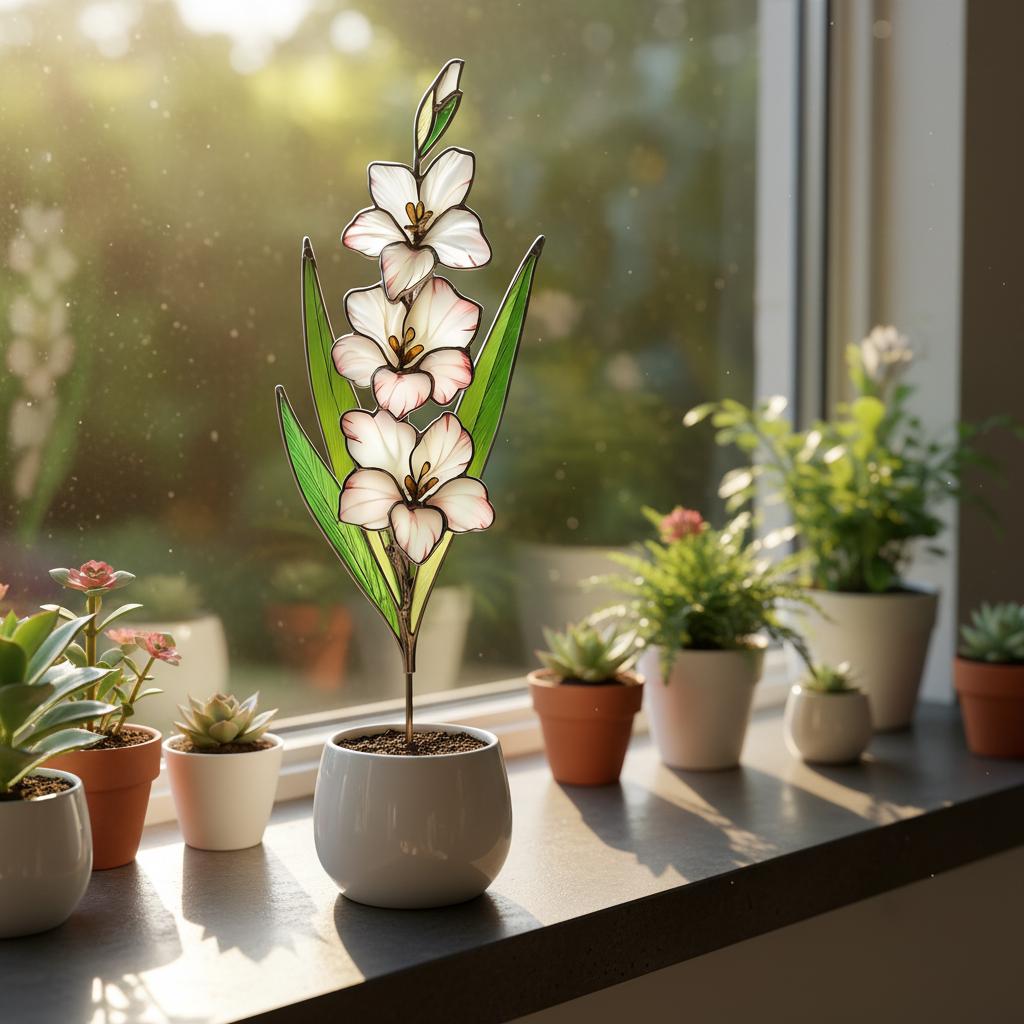 Stained Glass August Birth Flower Plant Stake, Poppy Art Decor, Gladiolus & Wildflower Window Accent