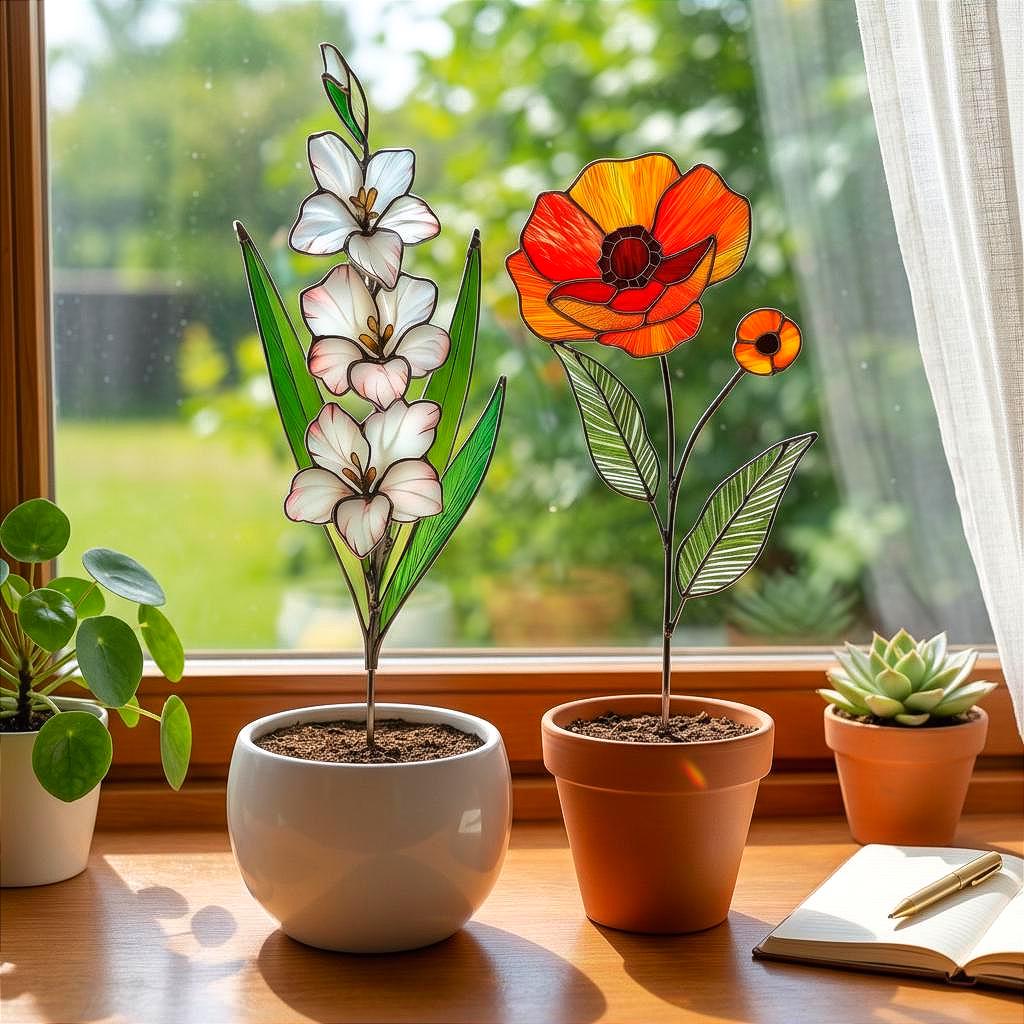 Stained Glass August Birth Flower Plant Stake, Poppy Art Decor, Gladiolus & Wildflower Window Accent