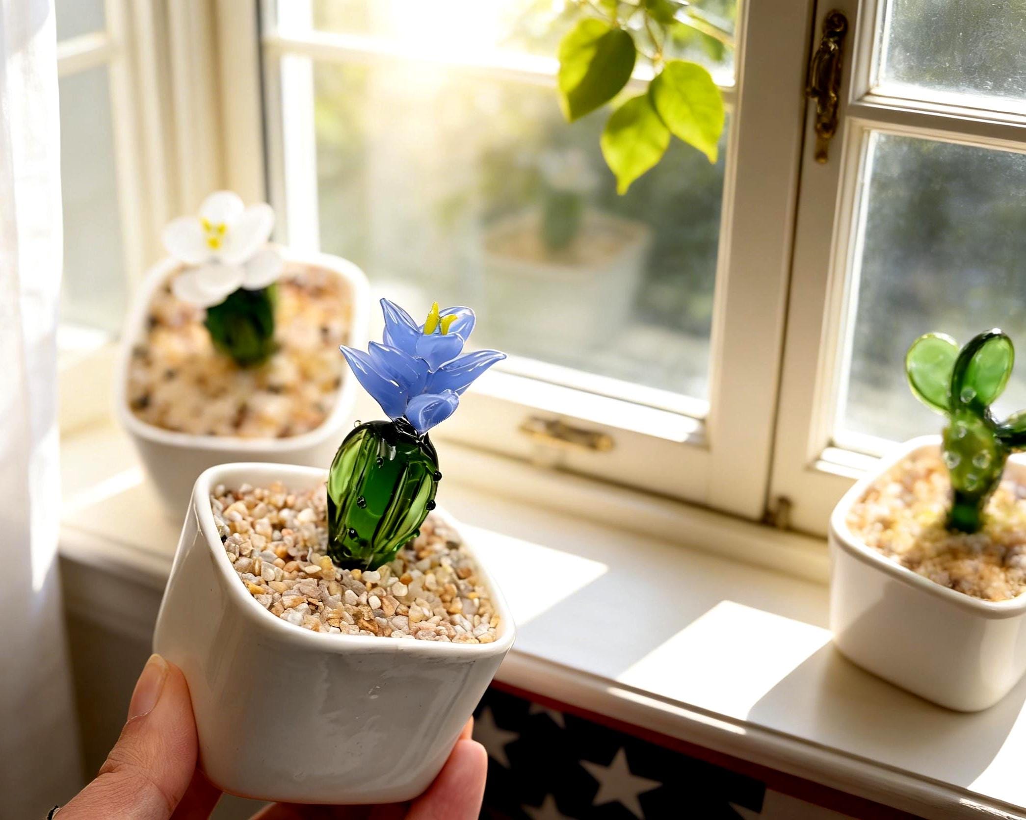Glass Potted Plants •mini Glass Ornament • Stained Glass Plants,house Plant,car Glass Ornament • Desk Decor • Cactus Lover • Birthday Gift