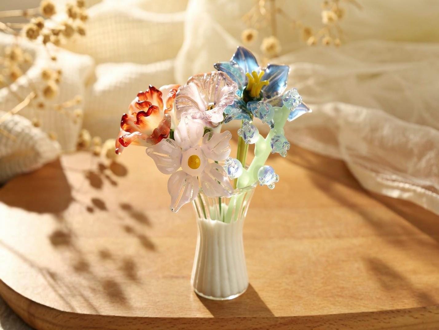Handblown Glass Flower Bouquet, Miniature Vase Decor, Mother’s Day Gift, Handmade Tabletop Home Accent, Unique Collectible