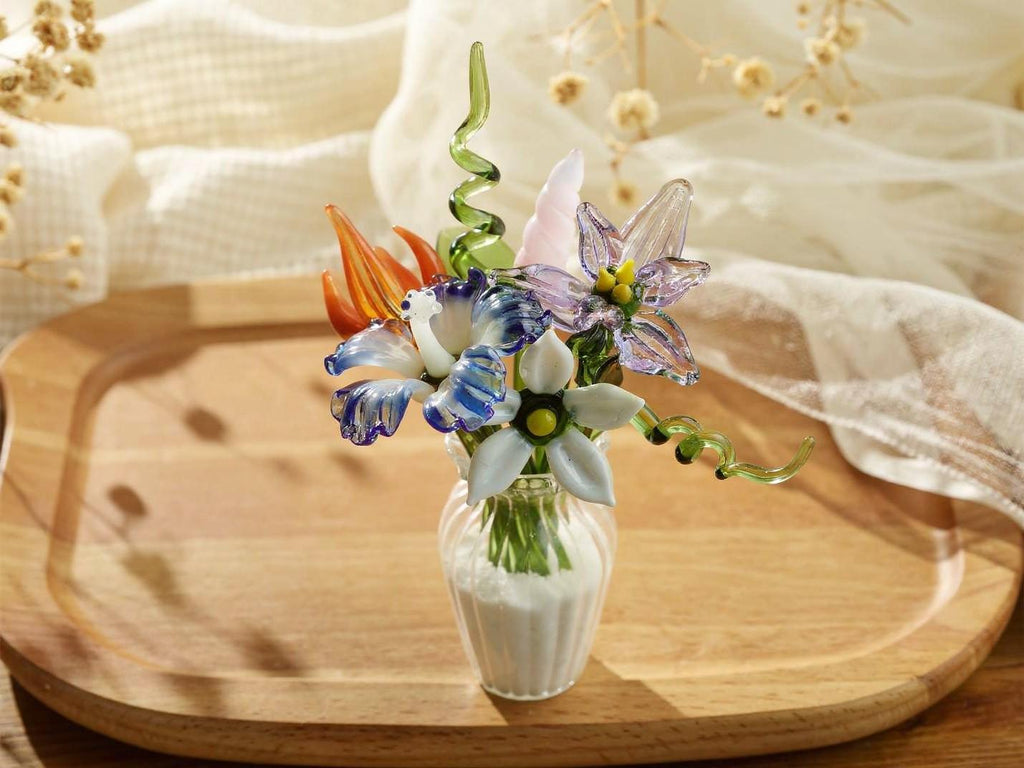 Handblown Glass Flower Bouquet, Miniature Vase Decor, Mother’s Day Gift, Handmade Tabletop Home Accent, Unique Collectible