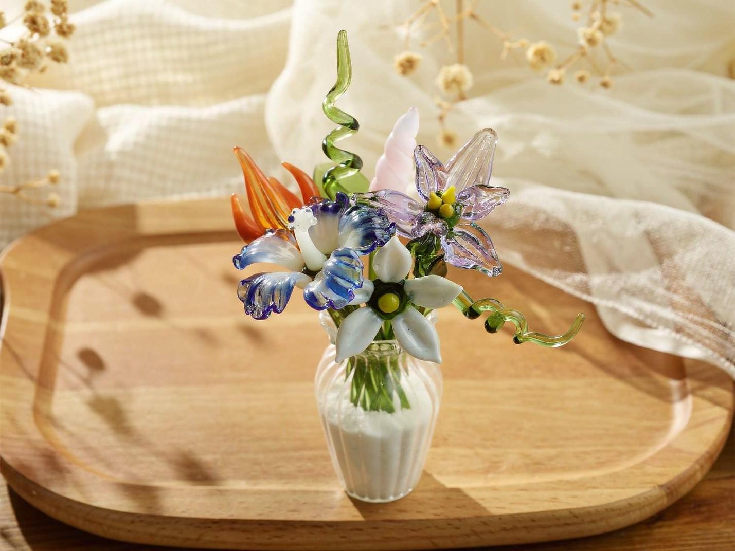 Handblown Glass Flower Bouquet, Miniature Vase Decor, Mother’s Day Gift, Handmade Tabletop Home Accent, Unique Collectible