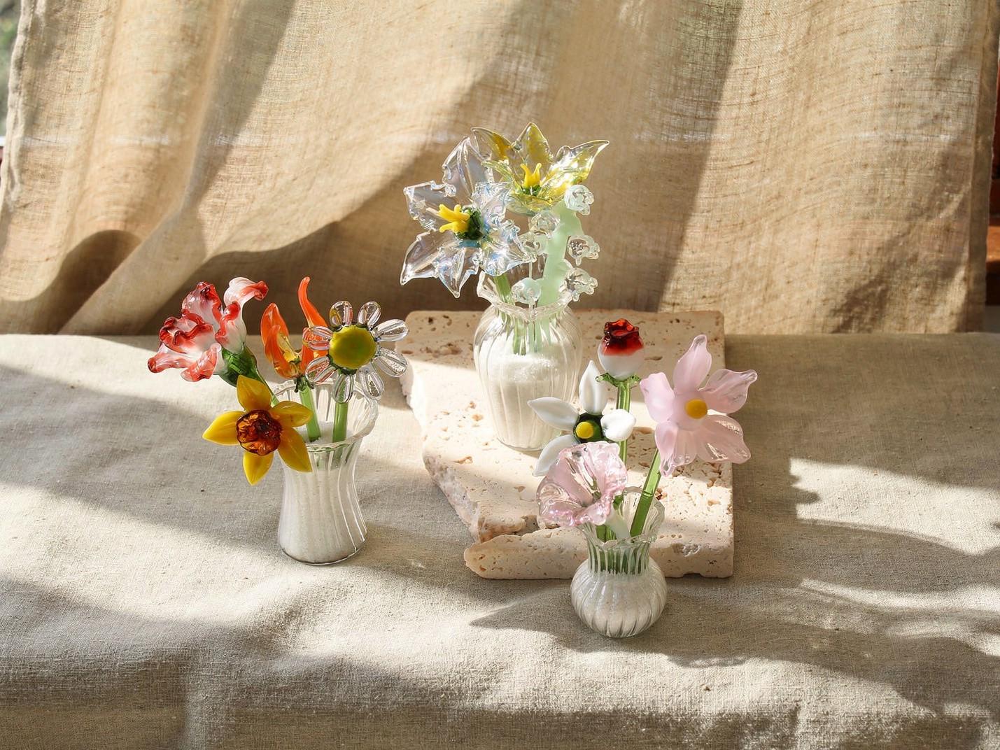 Handblown Glass Flower Bouquet, Miniature Vase Decor, Mother’s Day Gift, Handmade Tabletop Home Accent, Unique Collectible