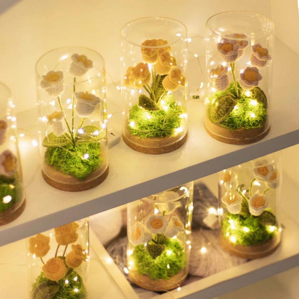 Crochet Flower Night Light In Glass Dome – Handmade Lily Of The Valley Or Single Tulip Lamp – Warm Glow Desk Decor & Eternal Gift For Her