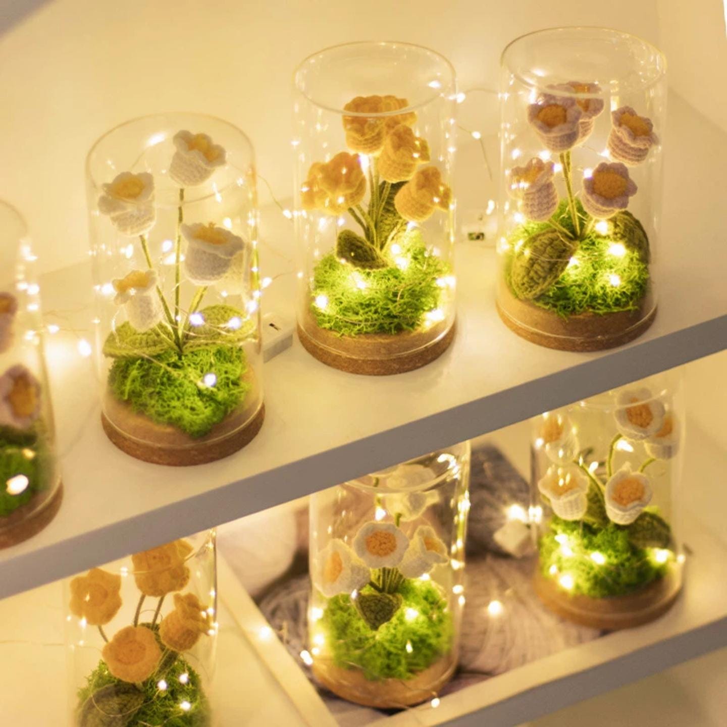 Crochet Flower Night Light In Glass Dome – Handmade Lily Of The Valley Or Single Tulip Lamp – Warm Glow Desk Decor & Eternal Gift For Her