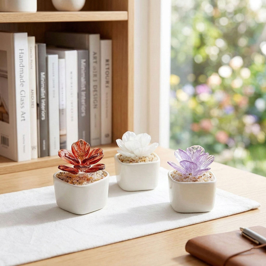 Handmade Glass Succulents Miniature,tiny Potted Glass Cactus,handcrafted Glass Plant Desk Decor,faux Succulent Figurine,gift For Plant Lover