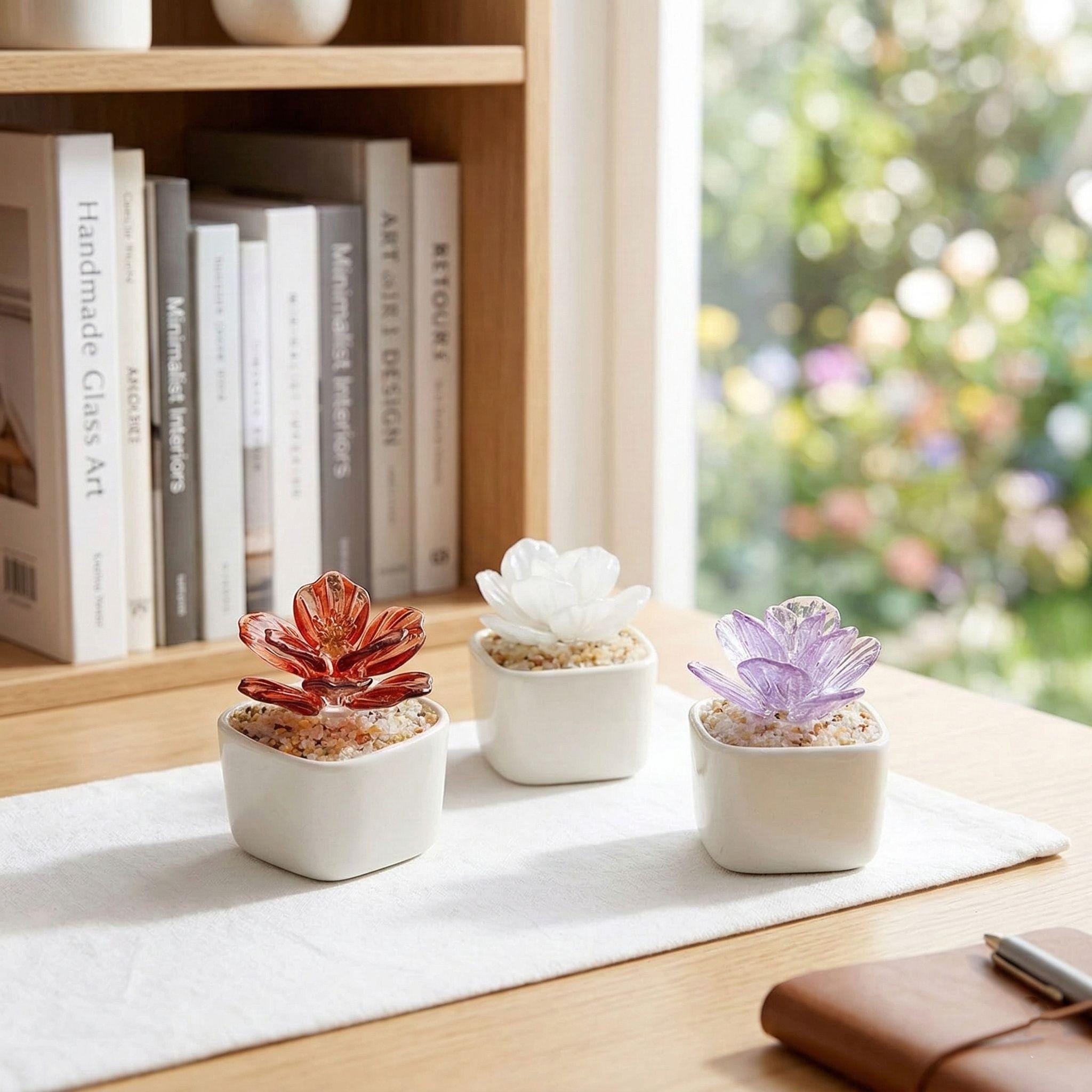 Handmade Glass Succulents Miniature,tiny Potted Glass Cactus,handcrafted Glass Plant Desk Decor,faux Succulent Figurine,gift For Plant Lover