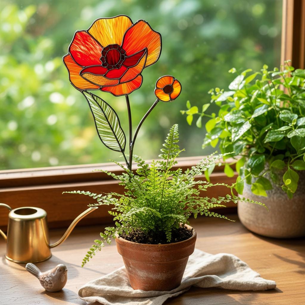 Stained Glass August Birth Flower Plant Stake, Poppy Art Decor, Gladiolus & Wildflower Window Accent