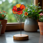 Stained Glass August Birth Flower Plant Stake, Poppy Art Decor, Gladiolus & Wildflower Window Accent