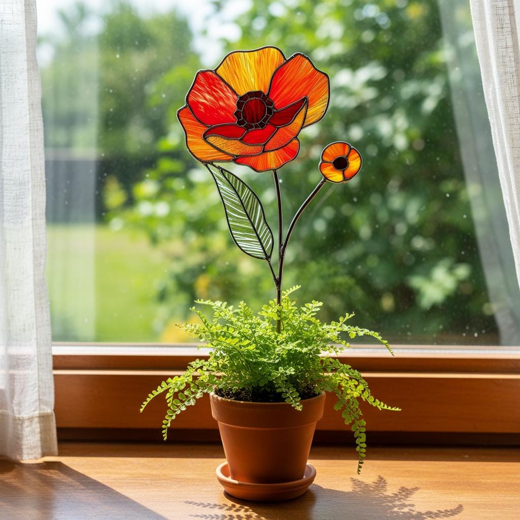 Stained Glass August Birth Flower Plant Stake, Poppy Art Decor, Gladiolus & Wildflower Window Accent