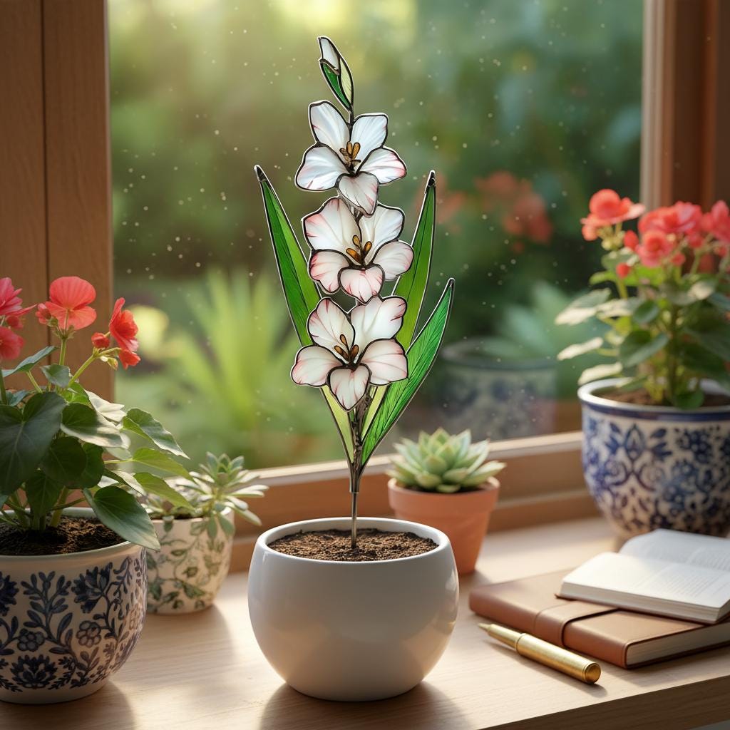 Stained Glass August Birth Flower Plant Stake, Poppy Art Decor, Gladiolus & Wildflower Window Accent