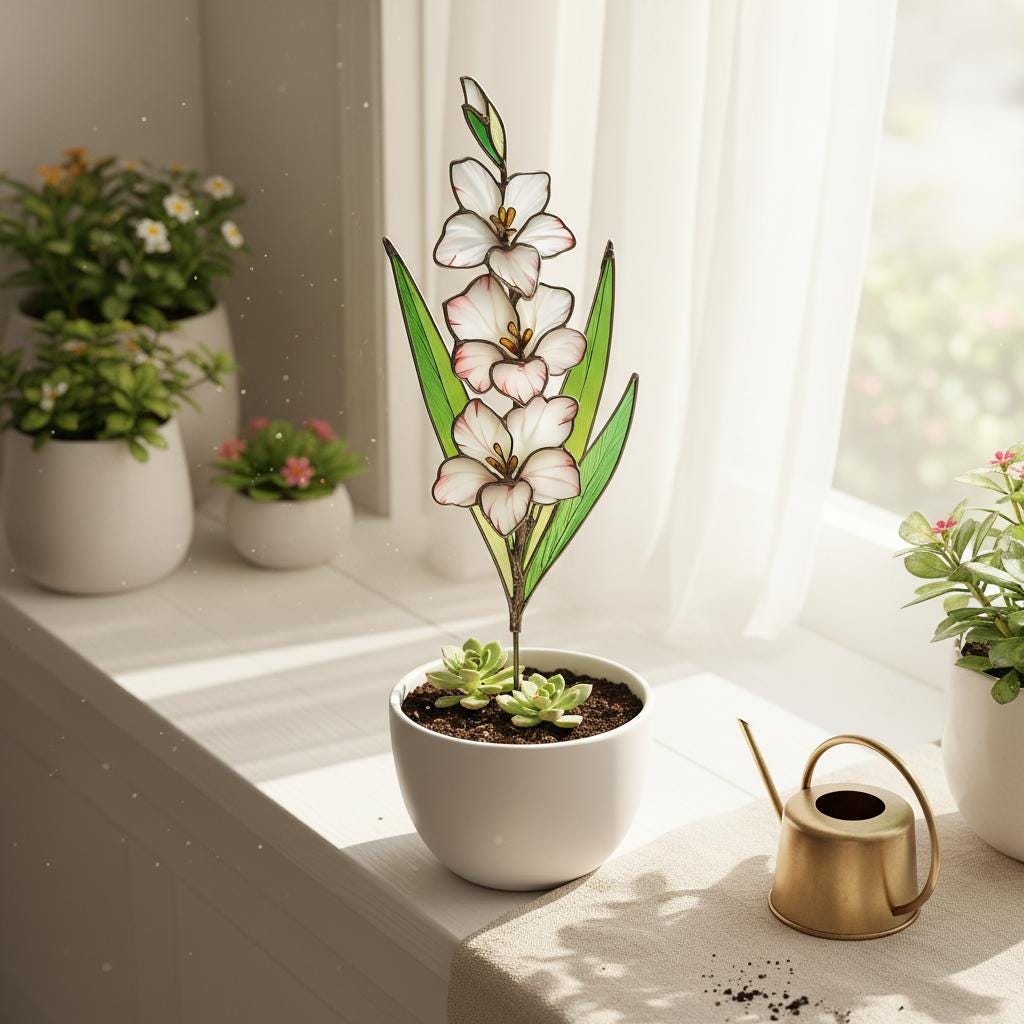 Stained Glass August Birth Flower Plant Stake, Poppy Art Decor, Gladiolus & Wildflower Window Accent
