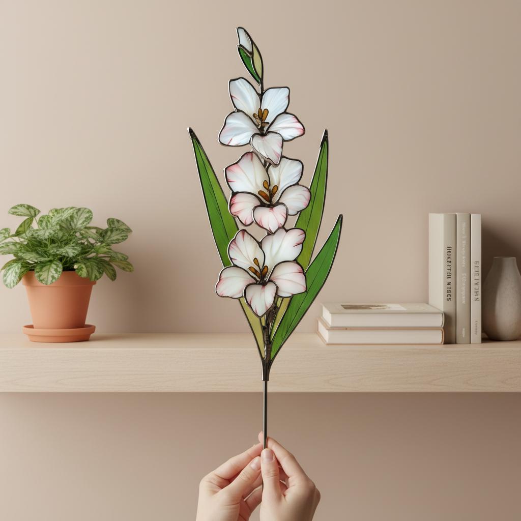 Stained Glass August Birth Flower Plant Stake, Poppy Art Decor, Gladiolus & Wildflower Window Accent