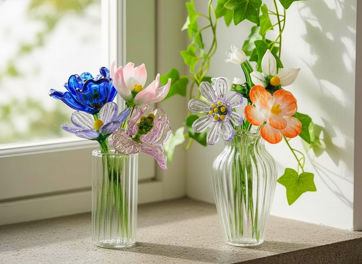 Personalized Mini Glass Flower Bouquet Set-birth Month Flowers, Handcrafted Glass Mother’s Day Gift, Home Decor, Gifts For Mom Nana Grandma