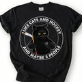 I Like Cats And Hockey And Maybe 3 People Shirt, Funny Black Cat T-Shirt, Introvert Hockey Player Tee, Sarcastic Cat Lover Gift
