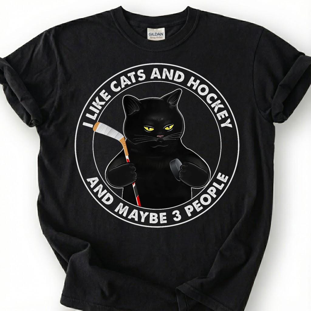 I Like Cats And Hockey And Maybe 3 People Shirt, Funny Black Cat T-Shirt, Introvert Hockey Player Tee, Sarcastic Cat Lover Gift