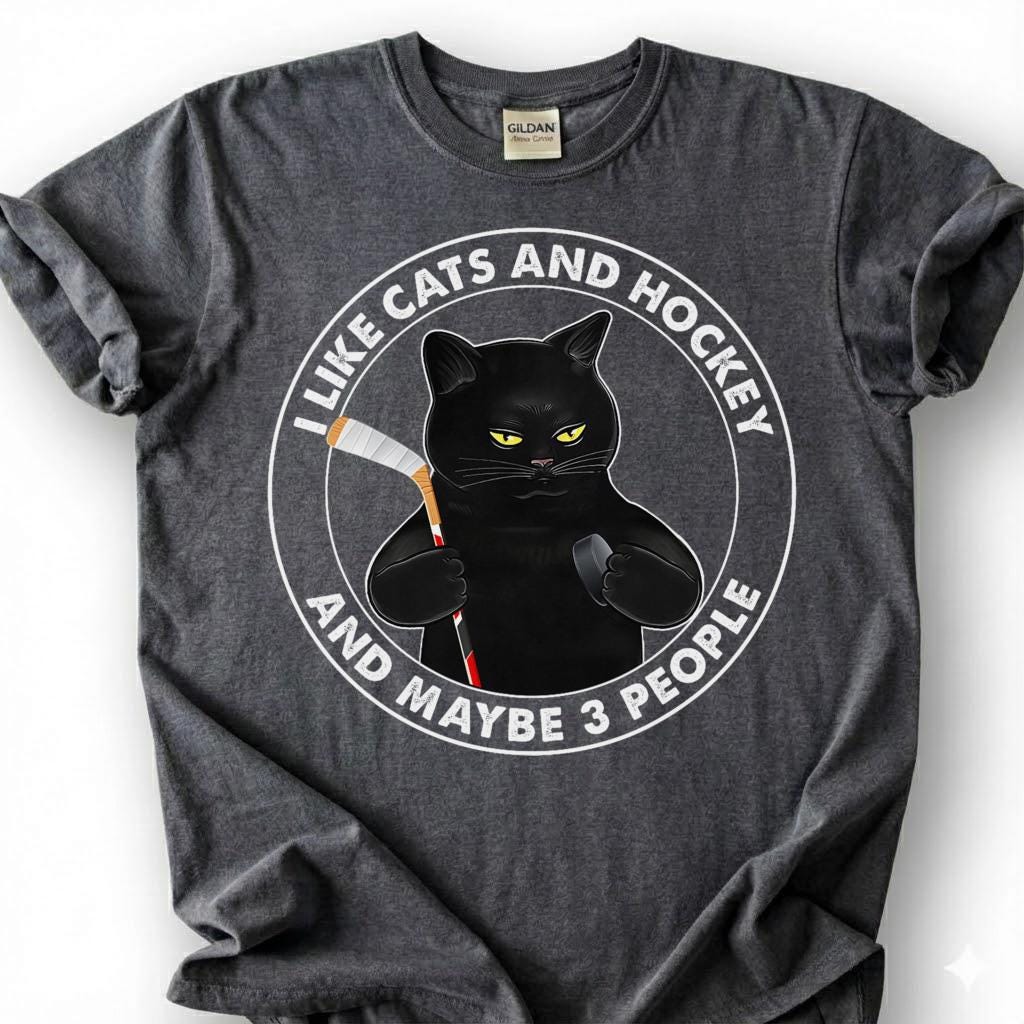 I Like Cats And Hockey And Maybe 3 People Shirt, Funny Black Cat T-Shirt, Introvert Hockey Player Tee, Sarcastic Cat Lover Gift