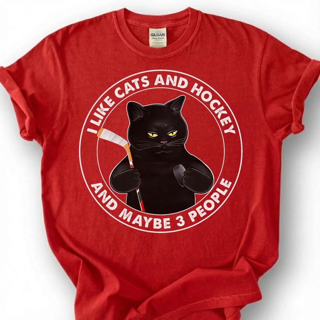 I Like Cats And Hockey And Maybe 3 People Shirt, Funny Black Cat T-Shirt, Introvert Hockey Player Tee, Sarcastic Cat Lover Gift