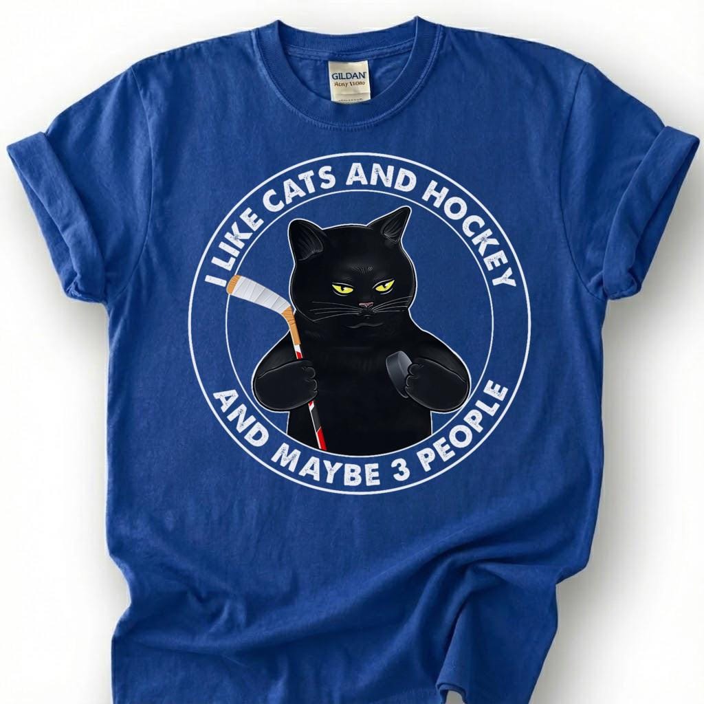 I Like Cats And Hockey And Maybe 3 People Shirt, Funny Black Cat T-Shirt, Introvert Hockey Player Tee, Sarcastic Cat Lover Gift
