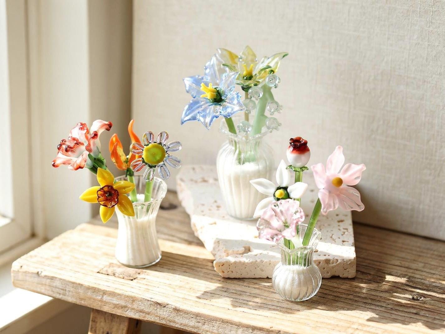 Handblown Glass Flower Bouquet, Miniature Vase Decor, Mother’s Day Gift, Handmade Tabletop Home Accent, Unique Collectible