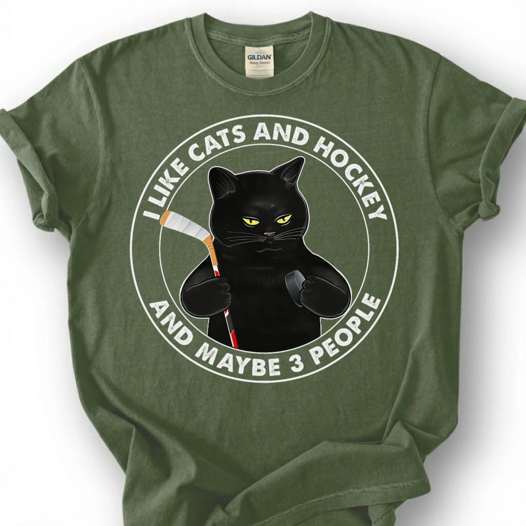 I Like Cats And Hockey And Maybe 3 People Shirt, Funny Black Cat T-Shirt, Introvert Hockey Player Tee, Sarcastic Cat Lover Gift