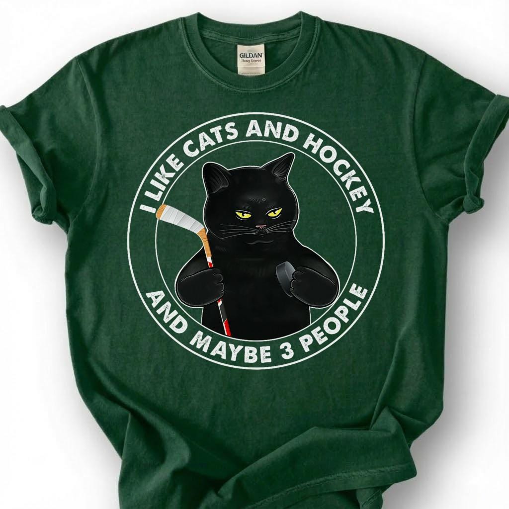 I Like Cats And Hockey And Maybe 3 People Shirt, Funny Black Cat T-Shirt, Introvert Hockey Player Tee, Sarcastic Cat Lover Gift