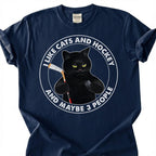 I Like Cats And Hockey And Maybe 3 People Shirt, Funny Black Cat T-Shirt, Introvert Hockey Player Tee, Sarcastic Cat Lover Gift