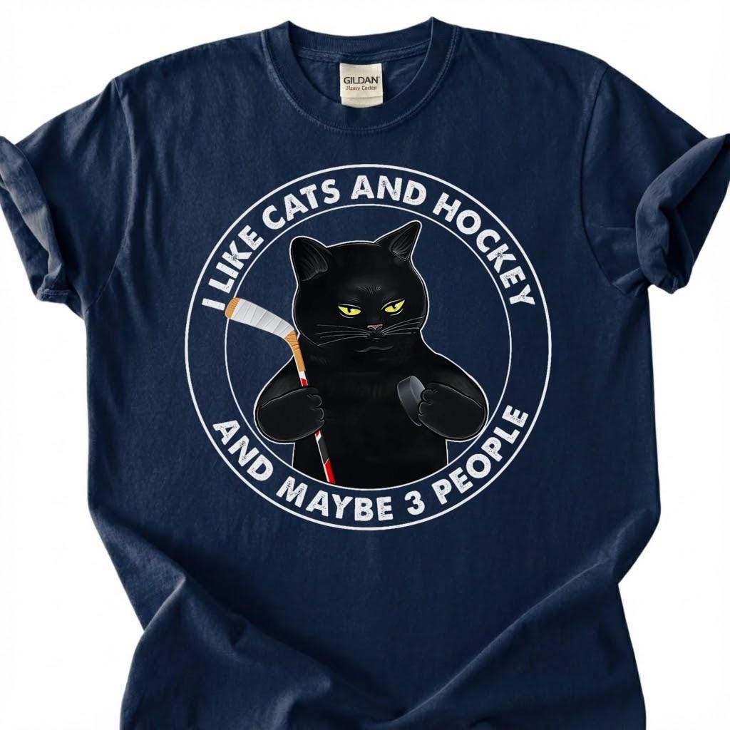 I Like Cats And Hockey And Maybe 3 People Shirt, Funny Black Cat T-Shirt, Introvert Hockey Player Tee, Sarcastic Cat Lover Gift