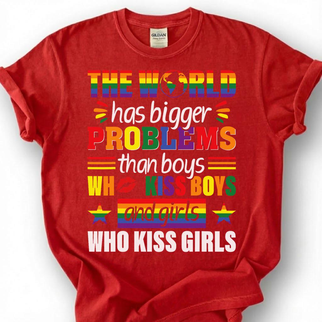 World Has Bigger Problems Than Boys Kissing Boys Shirt, LGBTQ Pride Equality Tee, Gay Lesbian Ally Gift, Rainbow Statement Apparel Top
