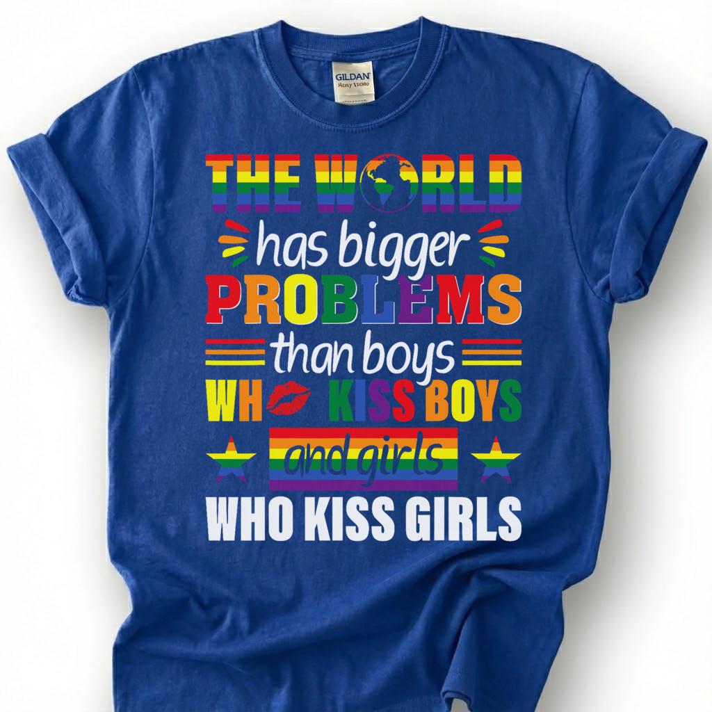 World Has Bigger Problems Than Boys Kissing Boys Shirt, LGBTQ Pride Equality Tee, Gay Lesbian Ally Gift, Rainbow Statement Apparel Top