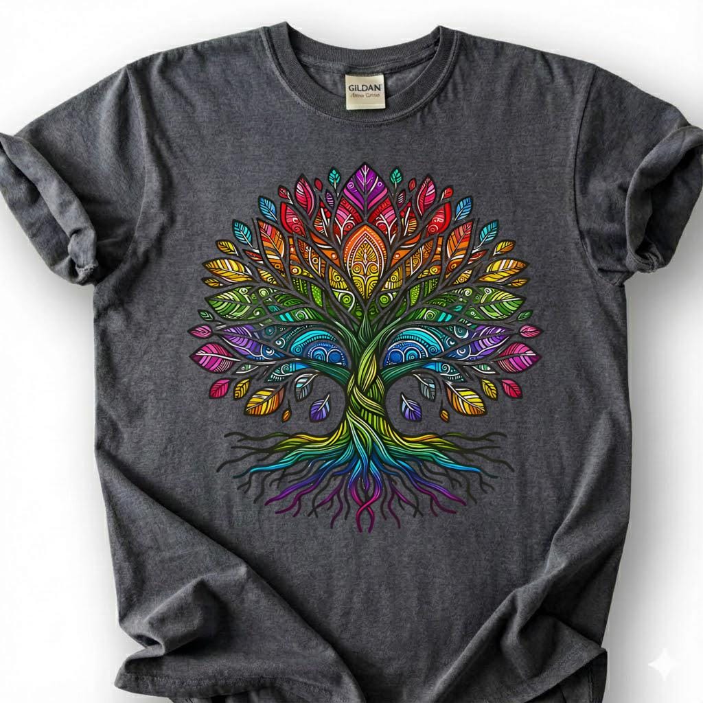 Boho Mandala Tree Of Life Rainbow Shirt, Ornate Hippie Pride Tee, Spiritual Yoga Meditation Gift, Sacred Geometry Bohemian Nature Apparel