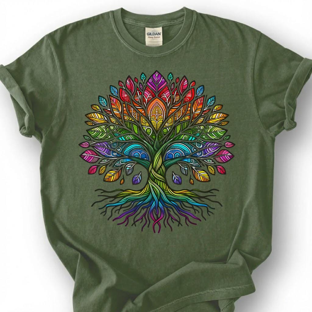 Boho Mandala Tree Of Life Rainbow Shirt, Ornate Hippie Pride Tee, Spiritual Yoga Meditation Gift, Sacred Geometry Bohemian Nature Apparel