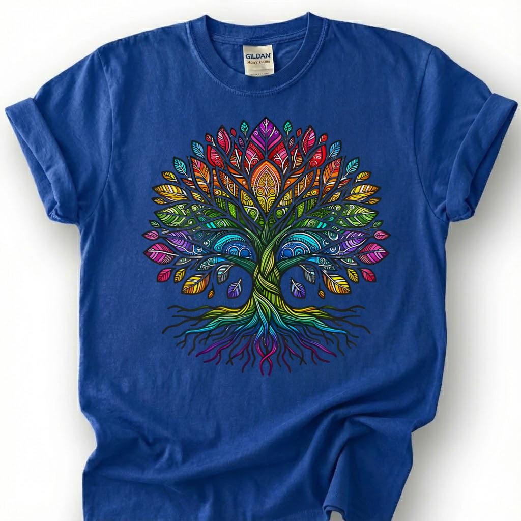 Boho Mandala Tree Of Life Rainbow Shirt, Ornate Hippie Pride Tee, Spiritual Yoga Meditation Gift, Sacred Geometry Bohemian Nature Apparel