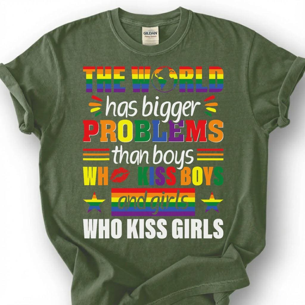World Has Bigger Problems Than Boys Kissing Boys Shirt, LGBTQ Pride Equality Tee, Gay Lesbian Ally Gift, Rainbow Statement Apparel Top